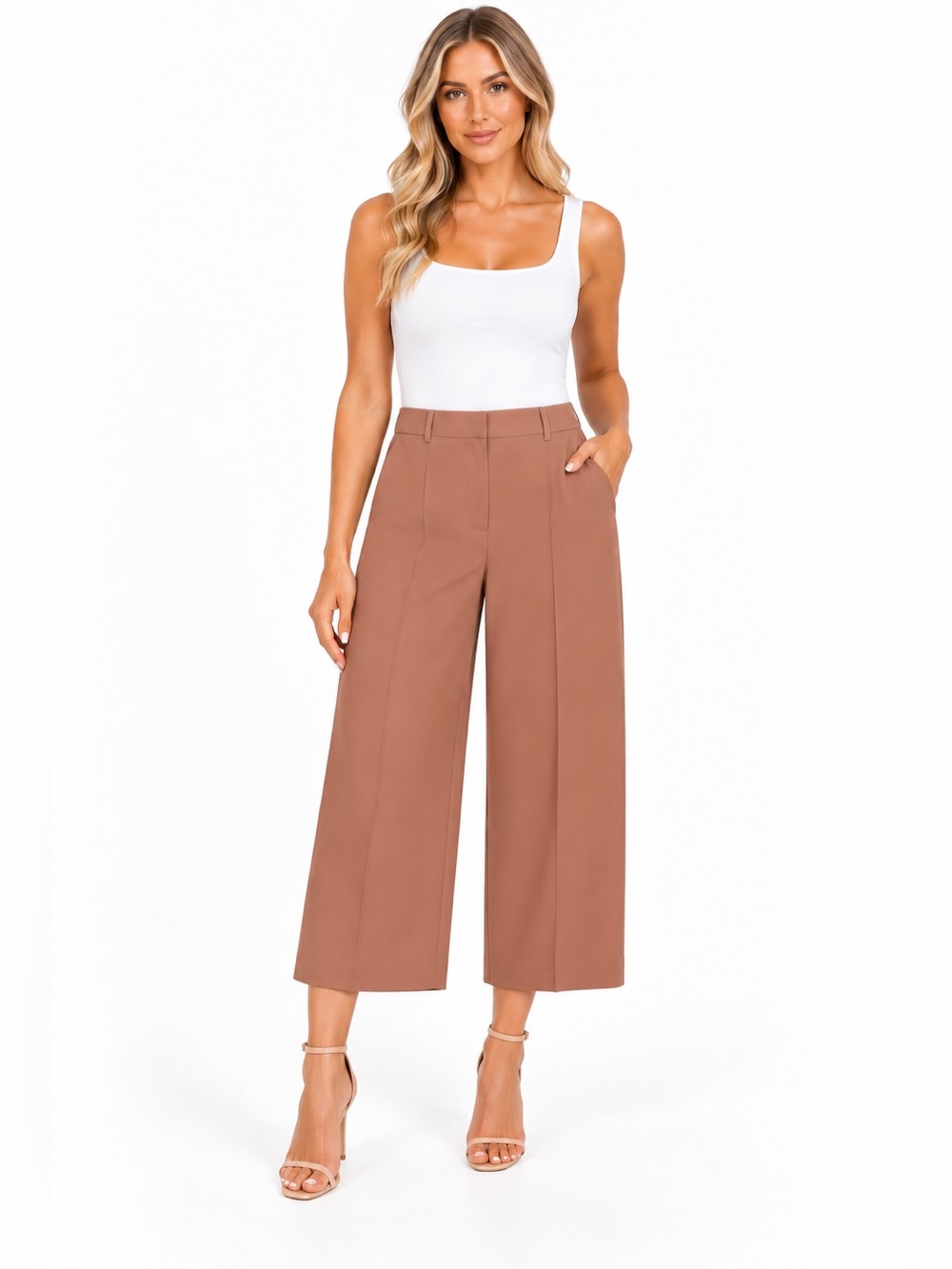 Zara Wide-Leg Cropped Pants in Warm Taupe